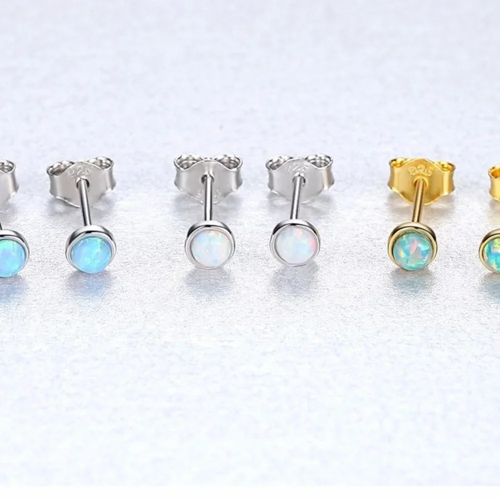 925 Sterling Silver 3mm Round  Opal Stud Earrings - Picture 2 of 5
